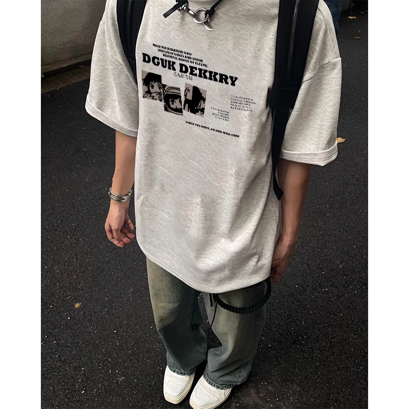 美式潮牌动漫字母短袖T恤男夏季设计感百搭宽松重磅棉纯半袖上衣