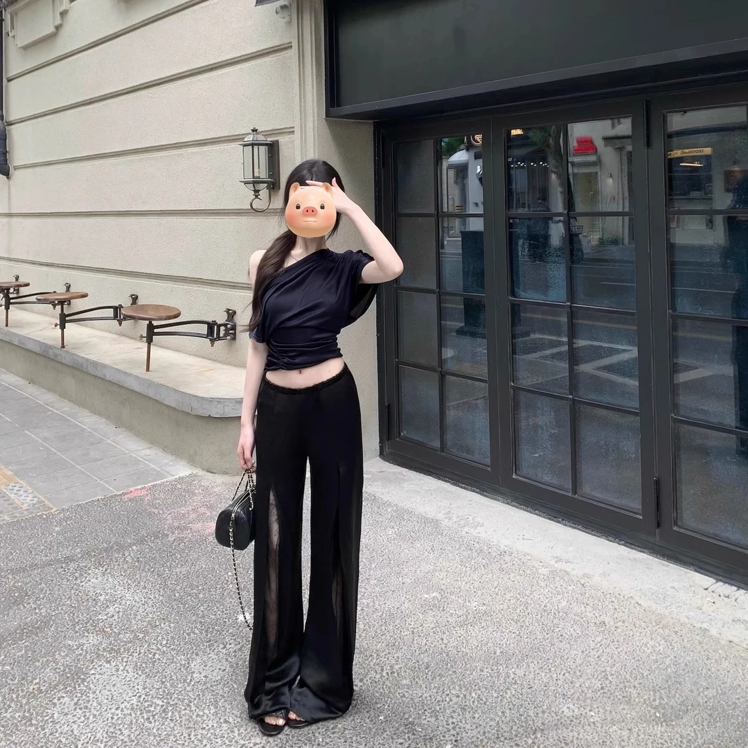 韩系气质女神2025夏季新款ins性感斜肩上衣搭配蕾丝拼接休闲裤子