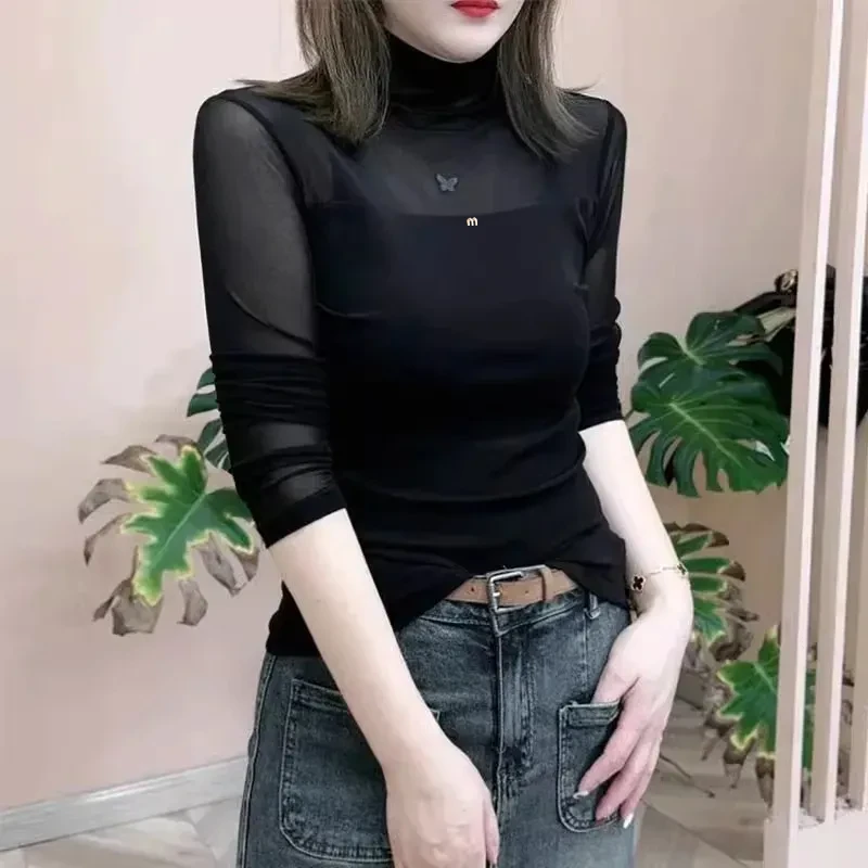 网红时尚半高领黑色网纱长袖打底衫洋气修身显瘦女士长袖打底衫