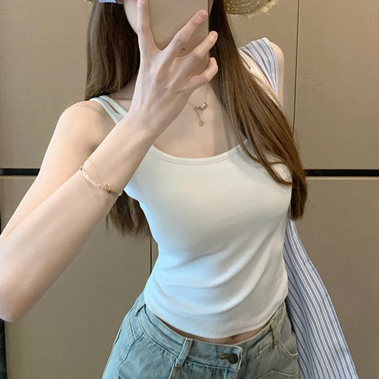 吊带背心女带胸垫文胸一体双肩带美背内衣修身外穿白色打底衫上衣