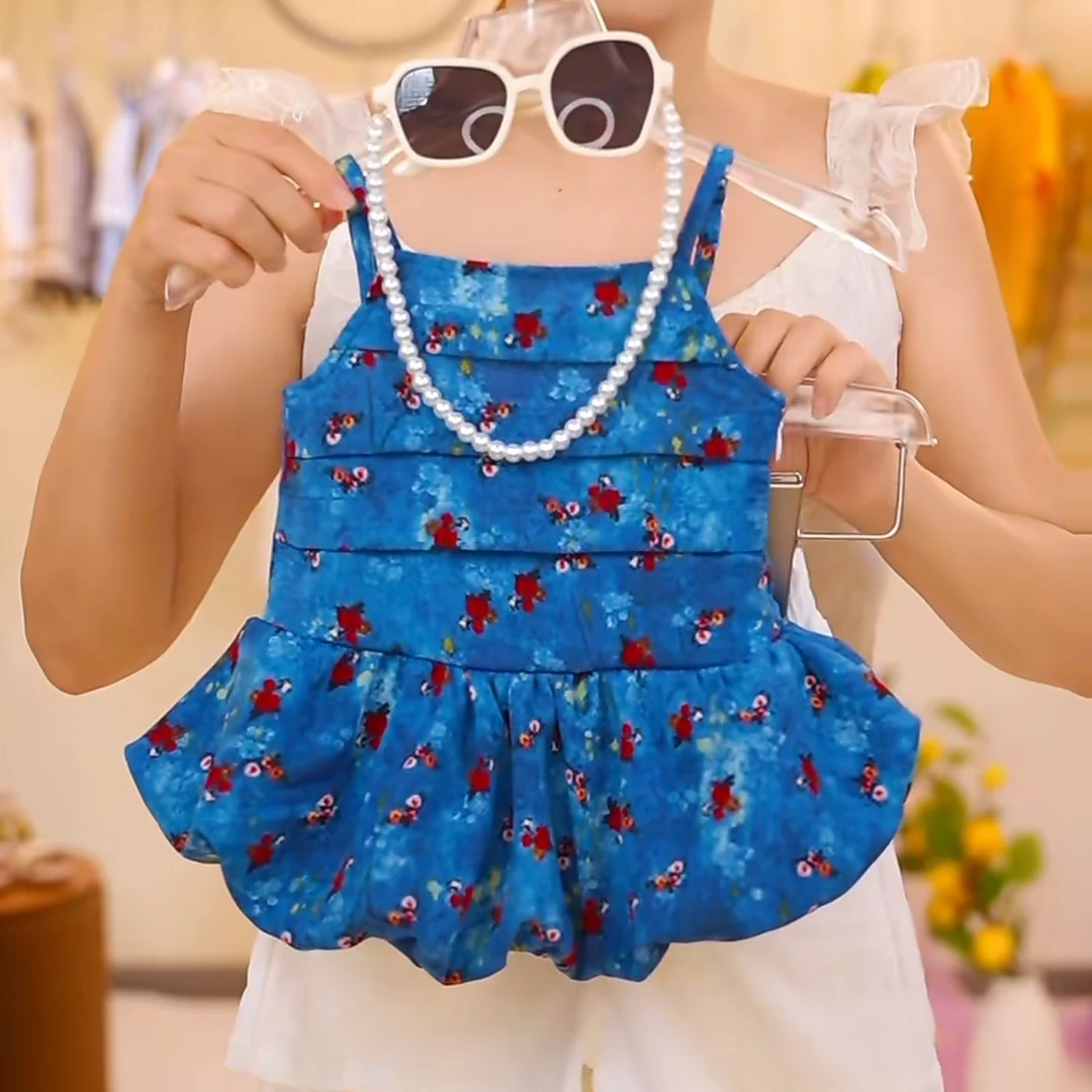 背带裙常规休闲风套装韩版吊带裙女蓝色小童碎花夏季儿童女童洋气