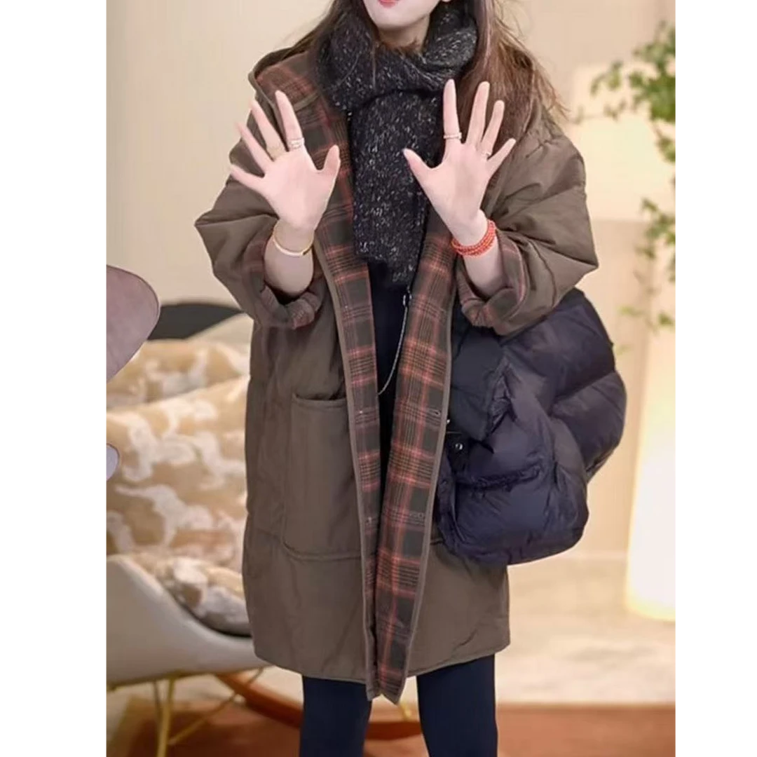 高档轻奢连帽棉服外套女2025秋冬新款大码宽松休闲中长款棉衣A559