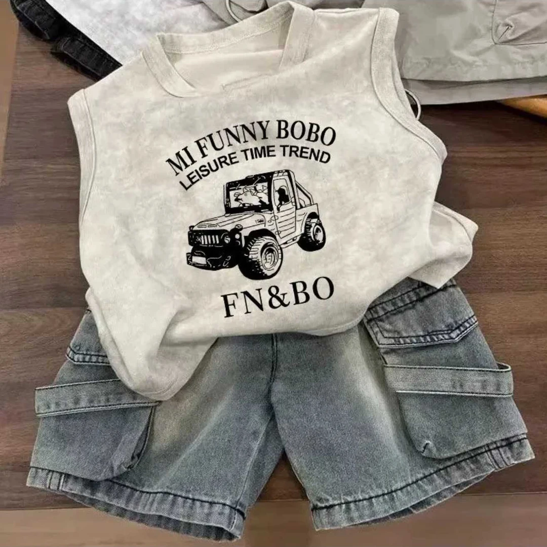 男童卡通夏装套装2025新款背心无袖牛仔儿童爆款短裤夏季两件套潮