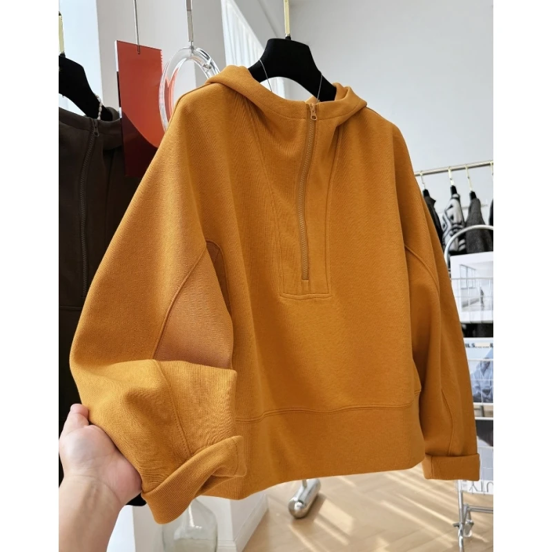 韩系穿搭宽松休闲慵懒风连帽半拉链套头卫衣女秋季巨好看的上衣潮