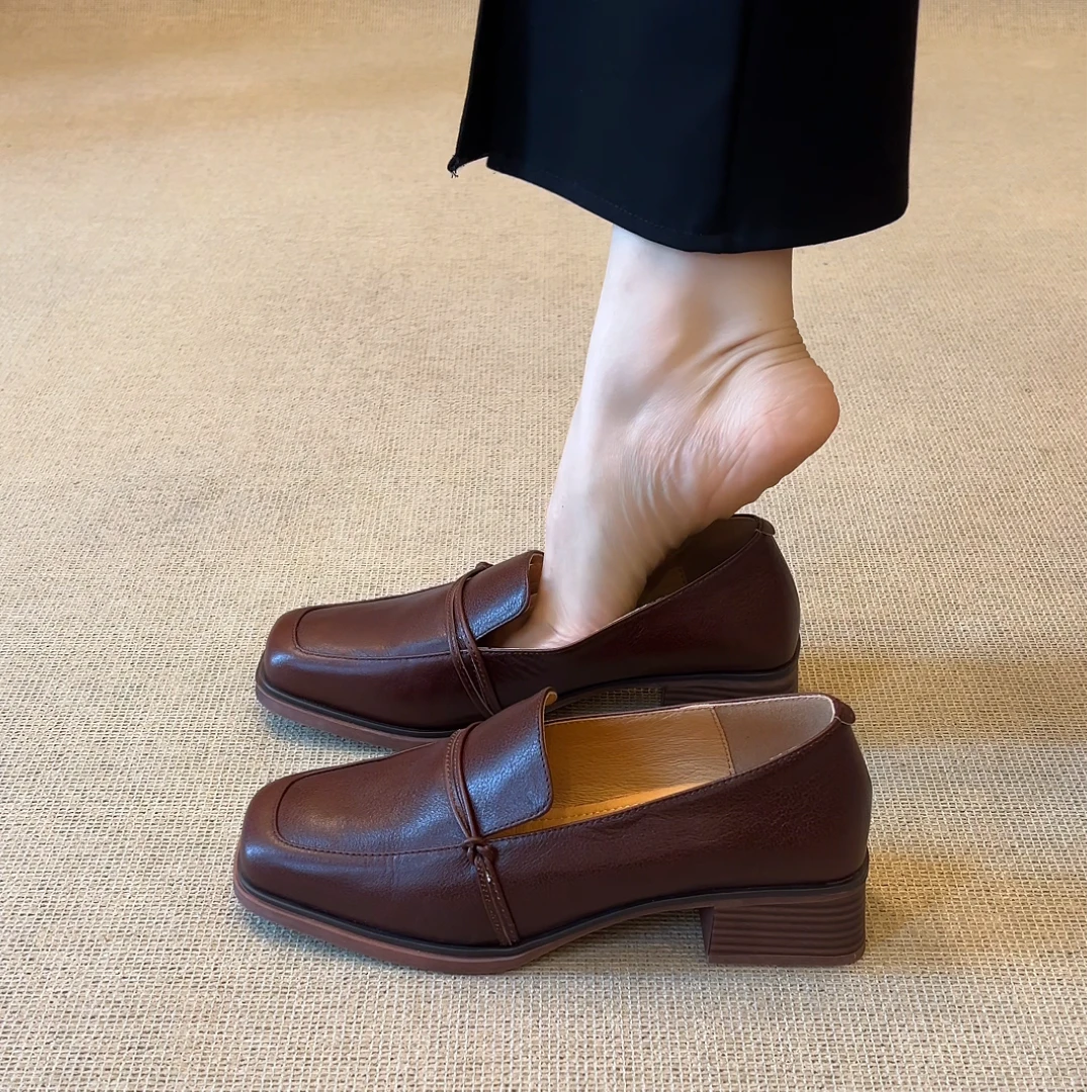 巨软～巨好穿！复古英伦风真皮乐福鞋方头粗跟小单鞋时尚小皮鞋
