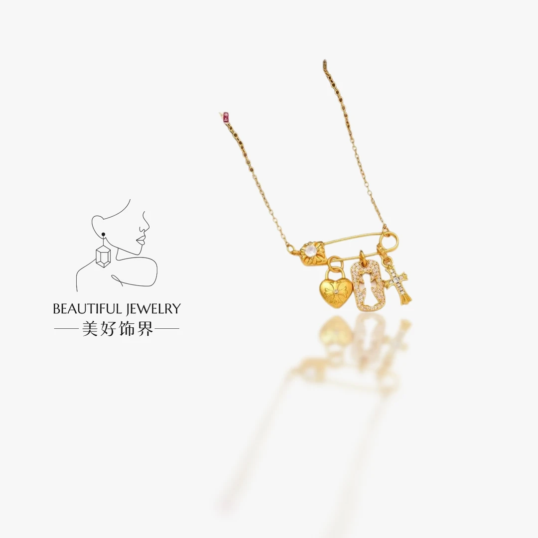 铜合金项链 久不掉色小众轻奢古法克罗伈满钻十字架别针项链