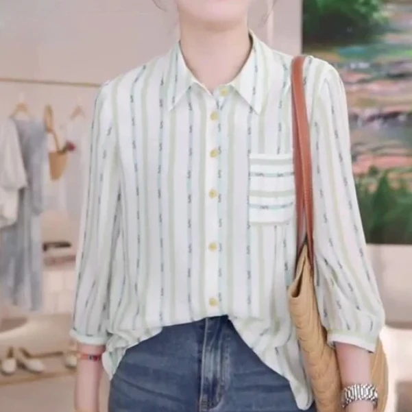 【清韵】2025夏季衬衣新款女装气质简约百搭印花时尚条纹衬衫上衣