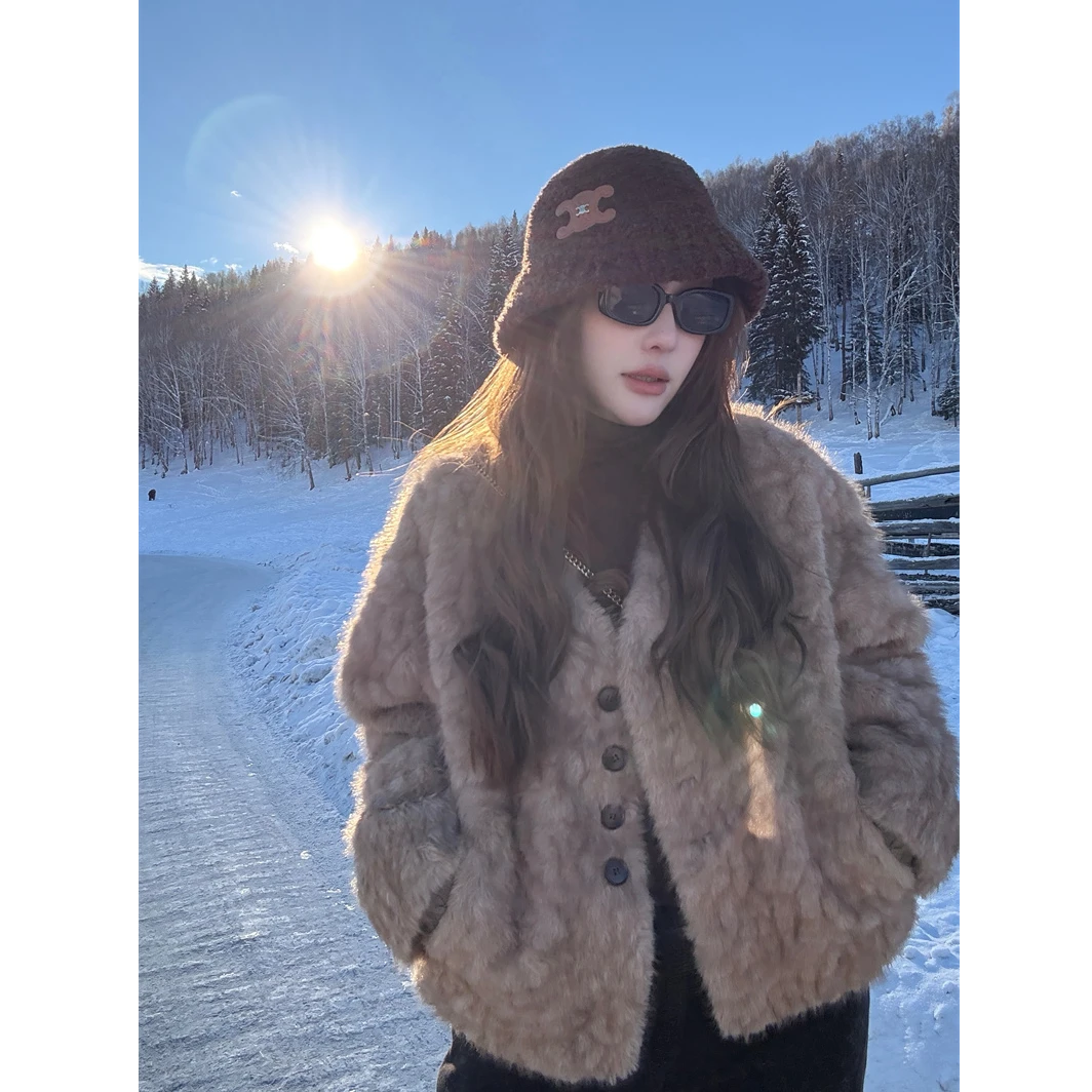 YPP!【乌木甜茶】贵气定染毛料 韩系气质保暖环保毛毛外套