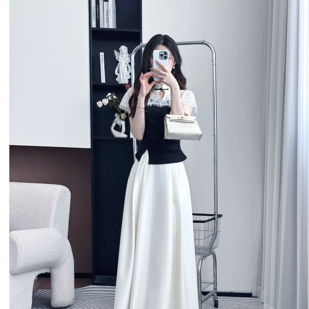 拉夏贝尔/25夏季中式国风仙女气质短袖蕾丝上衣+半身裙 10351 AXJ