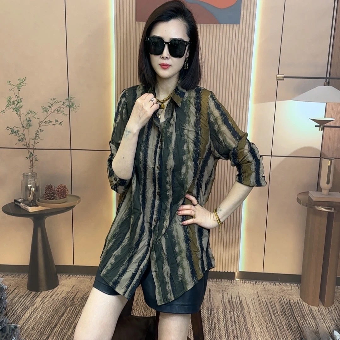 2025新品新款-欧货复古麻花宽松褶皱显瘦衬衫长袖上衣