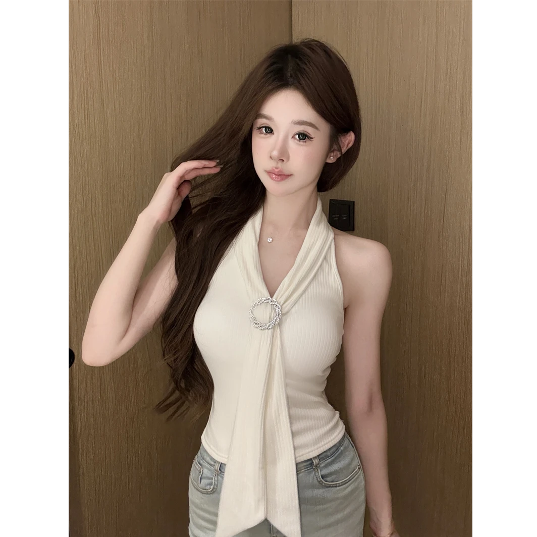 纯欲风修身挂脖吊带背心百搭短款带胸垫上衣配显瘦休闲裤子套装