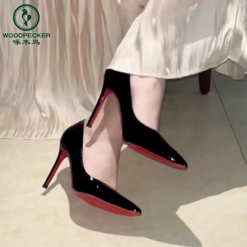 啄木鸟红底高跟鞋女细跟2024年春秋新款漆皮黑色尖头性感单鞋女