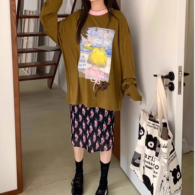 YANAG原创设计散落玩具黑夜花束印花松紧腰压褶直身裙直筒半裙