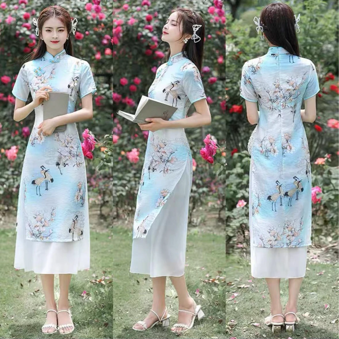 430-蓝 丹顶鹤大 奥戴 改良 旗袍