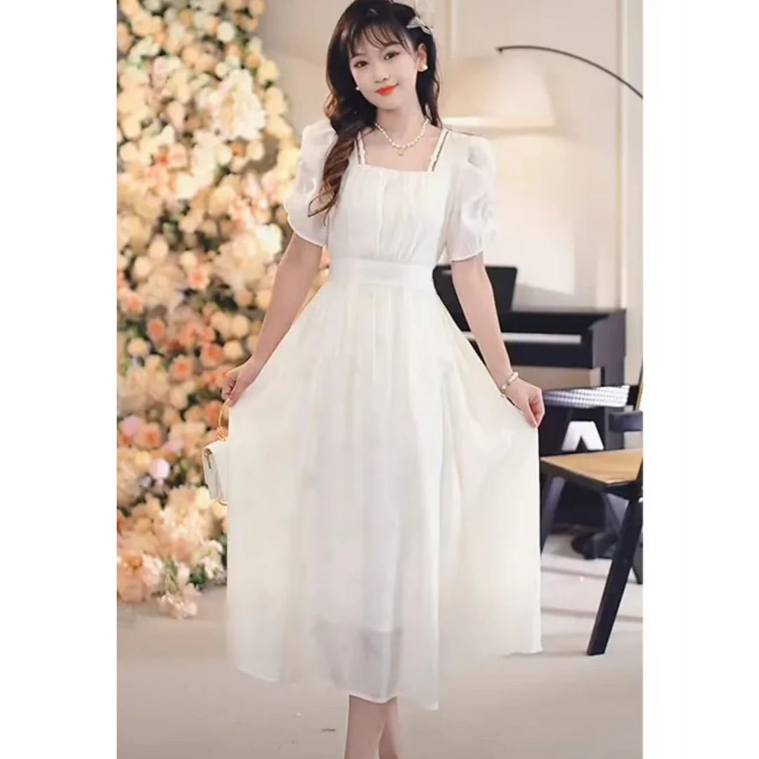 85227新款暗纹印花连衣裙女气质法式浪漫显瘦方领生日连衣裙