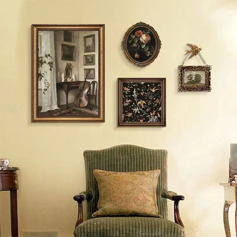 复古装饰画法式喷绘带框组合画中古风小众艺术挂画复古客厅背景墙