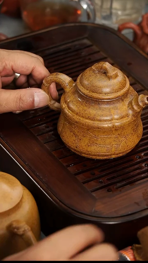 茶壶紫砂宜兴紫砂大济阳柴烧双线竹鼓200毫升