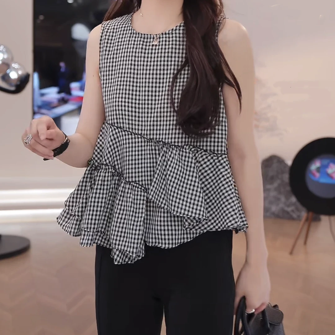 设计感不规则下摆格子无袖T恤女2025夏季新款百搭俏皮圆领上衣
