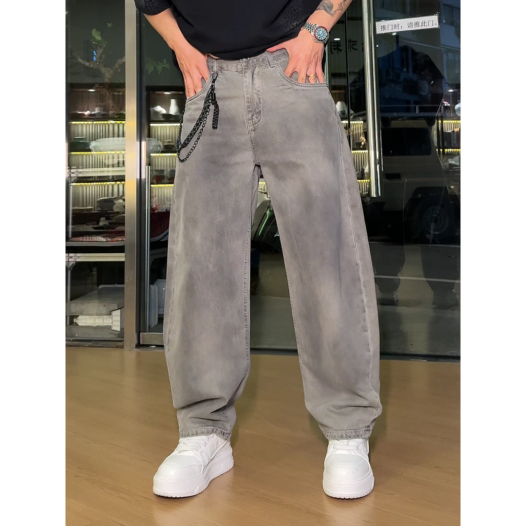 【语乐】YL-8018复古水洗弯刀牛仔裤春季高街宽松脏脏灰阔腿休闲裤