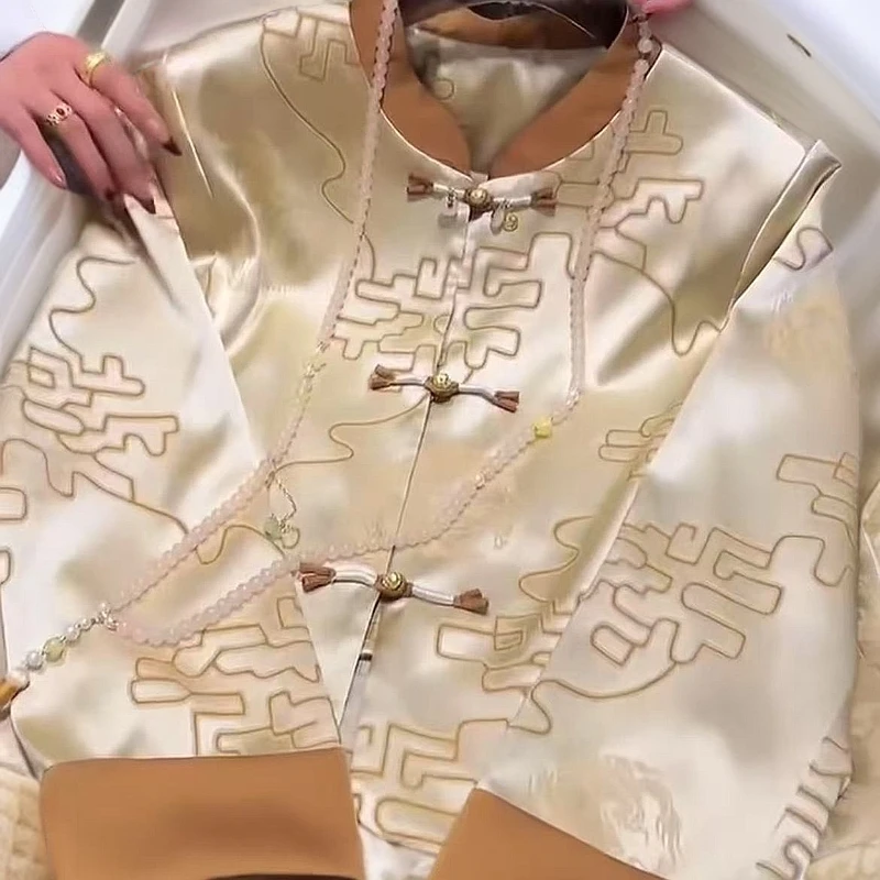 女新中式刺绣短外套复古唐装中国风外套斜襟双层印花重工睡衣