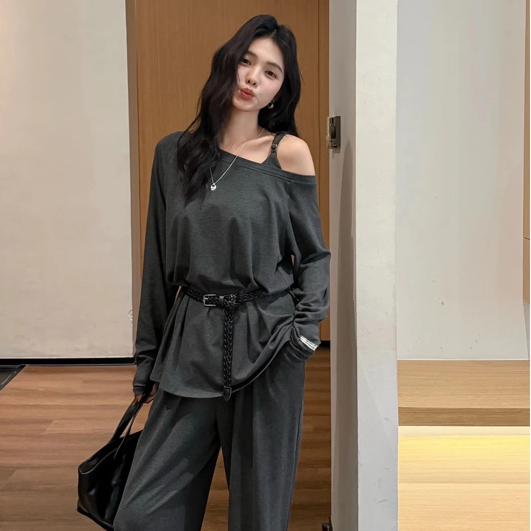 点点家女装早秋斜肩长袖T恤休闲套装章若楠同款慵懒风时尚百搭女