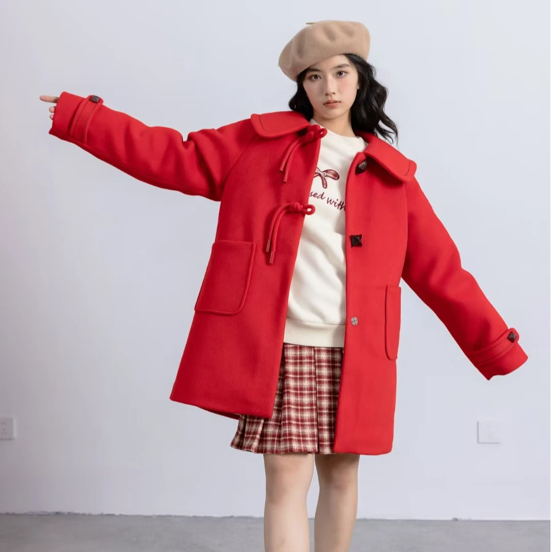 65936高端专享老林家青少年冬季毛呢大衣红色