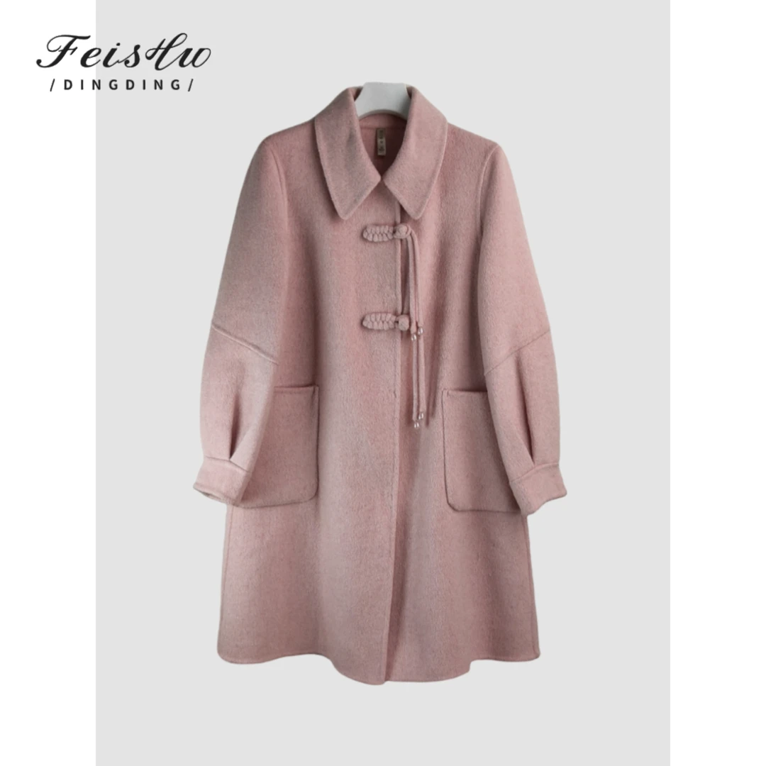 W008女长款毛呢外套甜美双面羊毛大衣女士百搭脏脏风法式