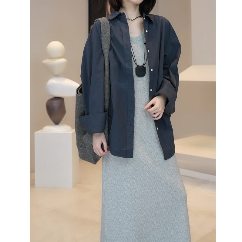 现货【薇薇绮】秋季新款气质感藏青色长袖衬衫外套W447