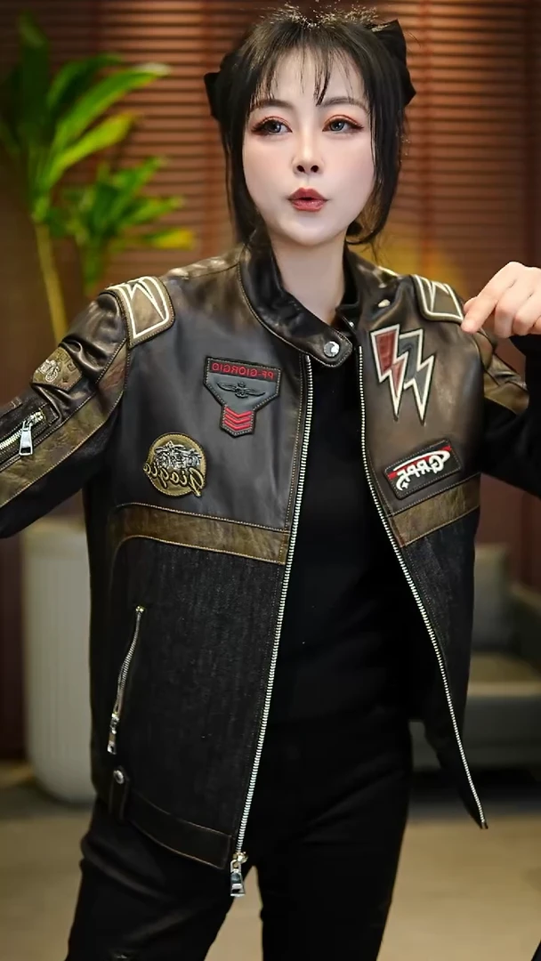 52码（140-155斤）男士真皮拼接机车款夹克