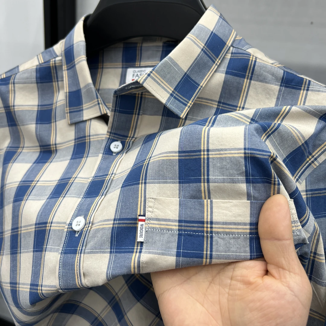 in cotton sea真口袋纯棉格子短袖衬衫男士夏季新款休闲百搭衬衣