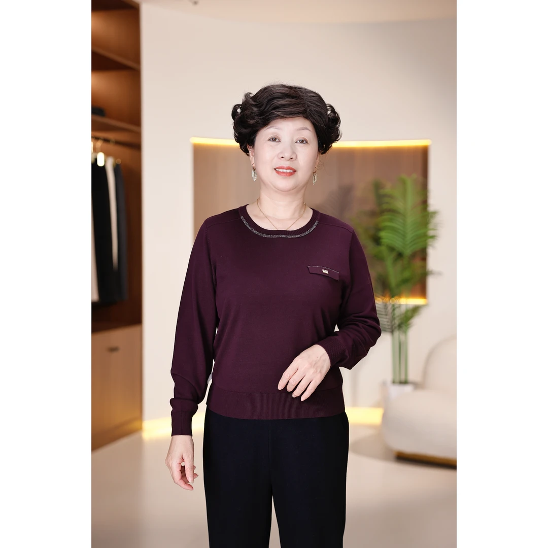 25款秋季中年女装纯色气质宽松圆领打底衫常规款洋气长袖1585