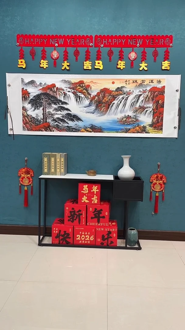 国画田老师手绘《鸿运当头迎客松山水》70*200厘米卷轴软裱