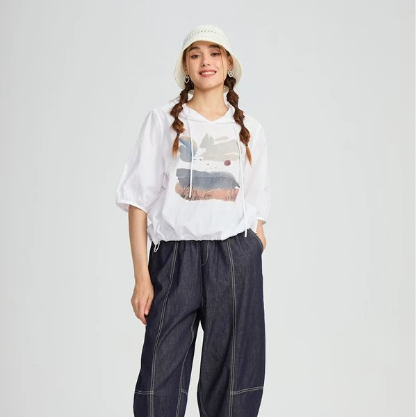 水淼/2025夏季新款时尚舒适印花连帽套头衫  20365