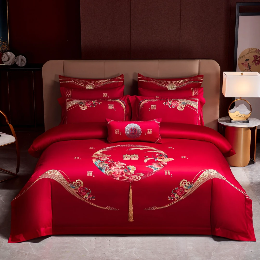 登喜鸟高端长绒棉喜庆刺绣花结婚四件套大红色床上用品婚房婚被