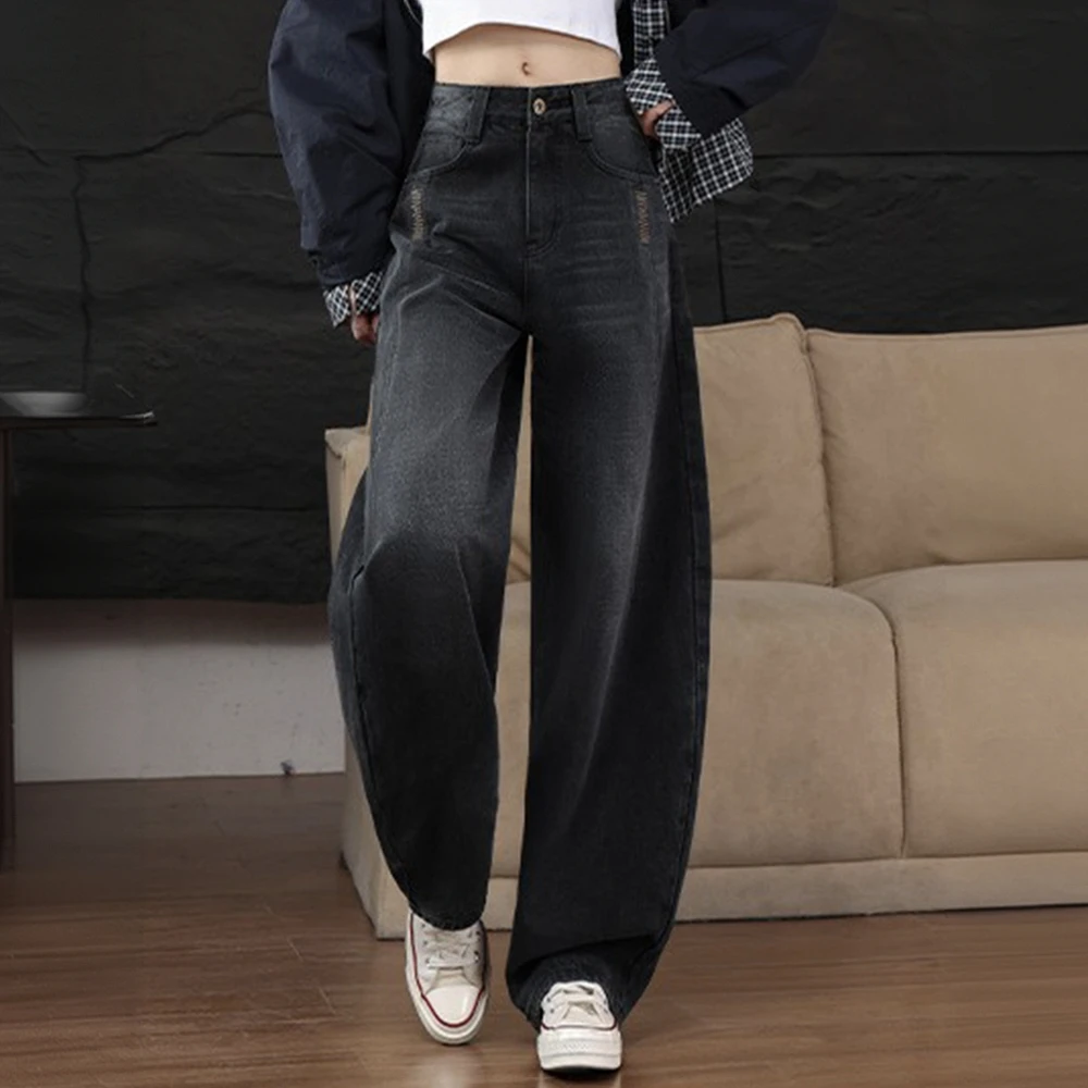 美式加绒弯刀牛仔裤女秋冬2025新款高腰显瘦宽松梨型身材阔腿裤子