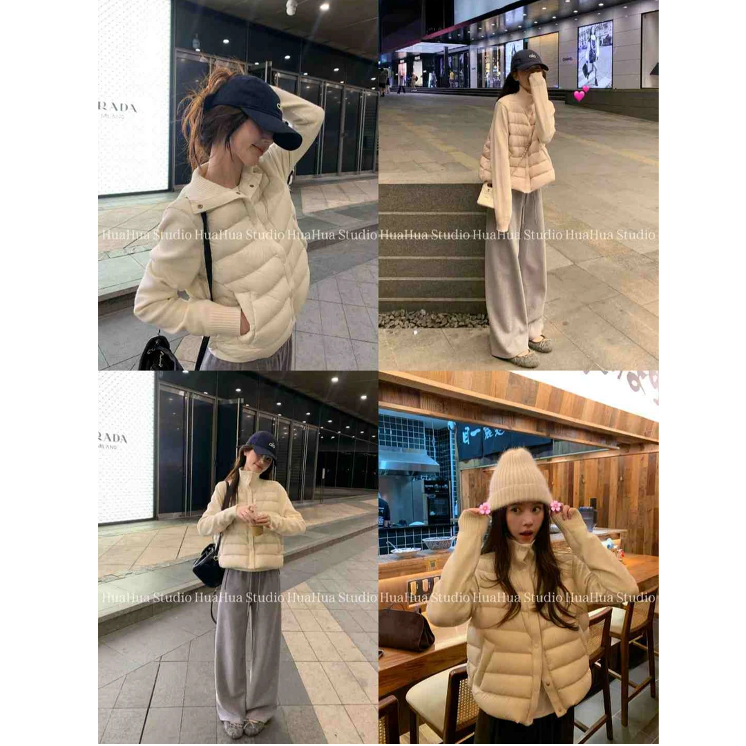 【花花】奶昔羽绒服~韩系针织拼接立领轻薄保暖白鸭绒羽绒服