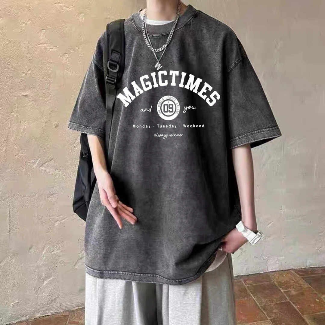 水洗做旧纯棉短袖男生夏季新款美式休闲宽松百搭字母印花圆领上衣