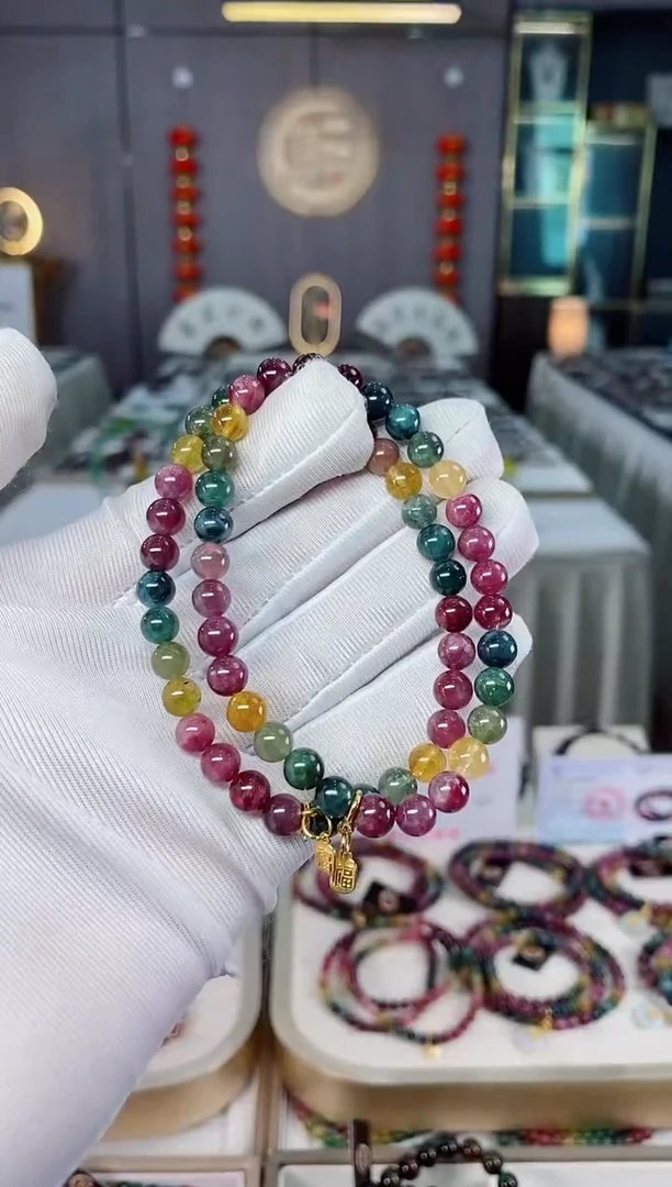 未镶嵌老矿碧玺彩虹单圈手串6mm+碧玺xion多样性发一条