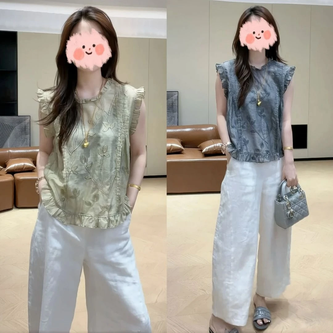 2025夏季时尚复古刺绣木耳边无袖上衣显瘦百搭休闲阔腿裤气质套装