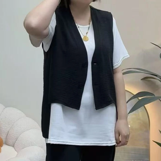 胖丫专属—2506夏季新款大码女装时尚套装宽松马甲短袖T恤两件套