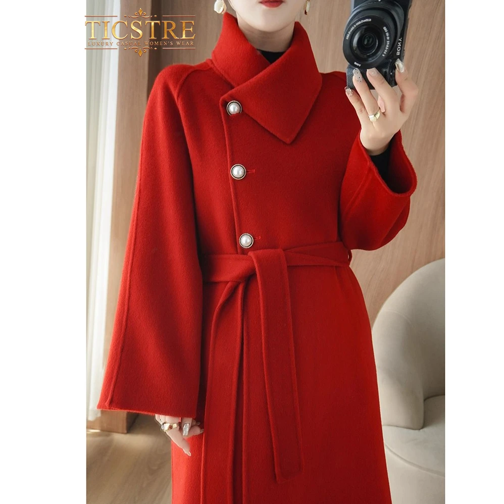 TICSTRE高端流行双面羊绒大衣女中长款红色系带羊毛秋冬呢子外套