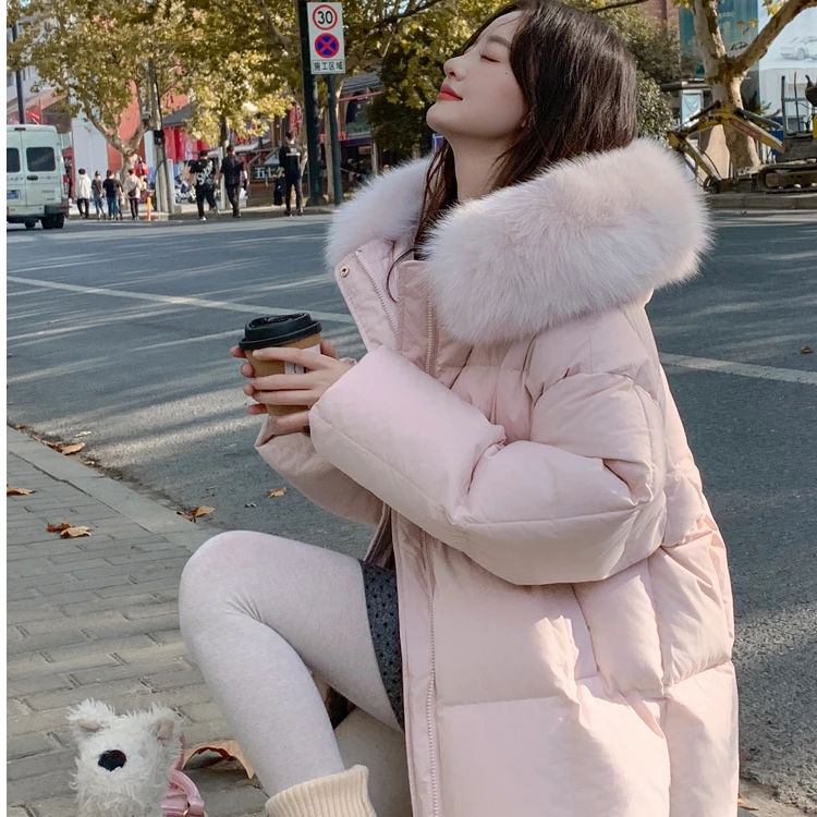 粉色羽绒服女外套冬季连帽大毛领中长款小个子加厚白鸭绒面包服