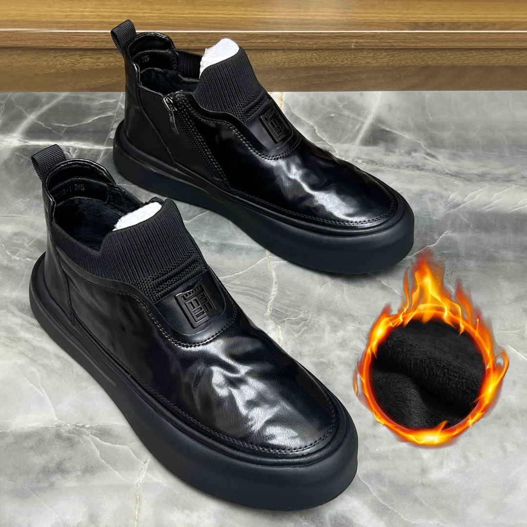 冬季加绒保暖中帮男士休闲皮鞋厚底舒适休闲百搭真皮切尔西靴潮鞋