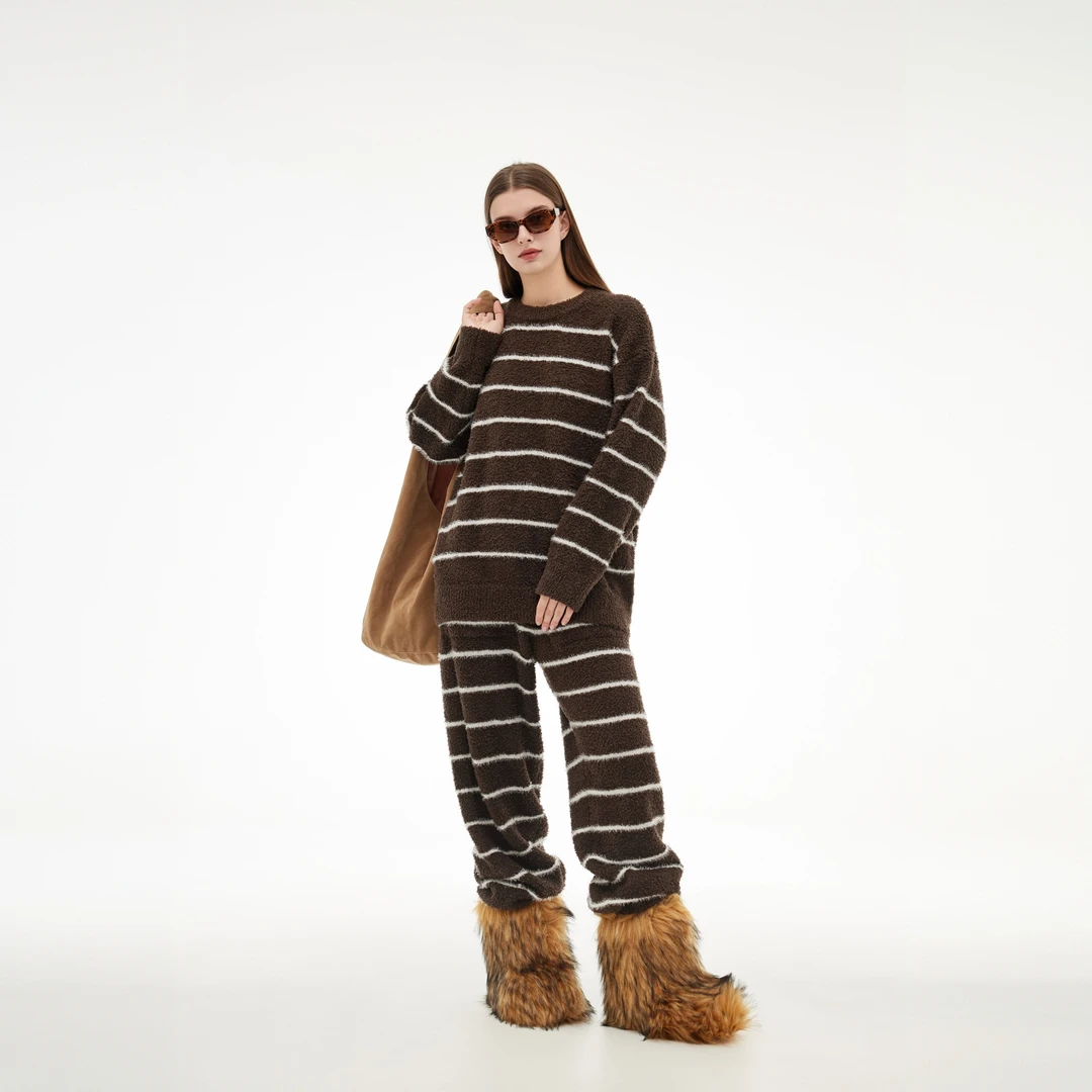 半边绒秋冬季新款圆领条纹睡衣家居服女款套装高腰加厚可外穿保暖