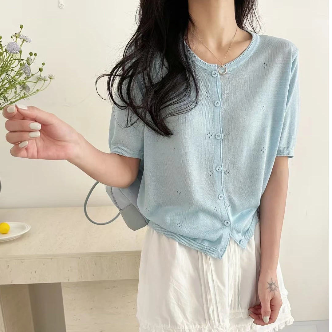 2025春夏新款针织小开衫圆领气质显瘦镂空纯色短款短袖衫温柔风女
