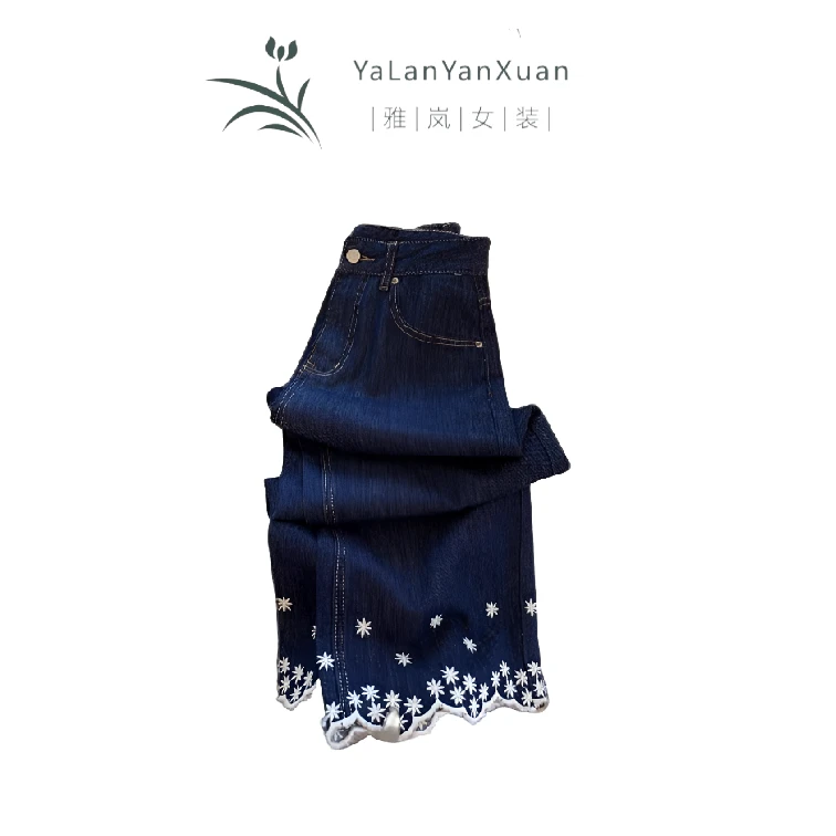 【雅岚女装】时尚洋气显瘦超火丹宁蓝刺绣直筒牛仔裤子女夏薄款休闲
