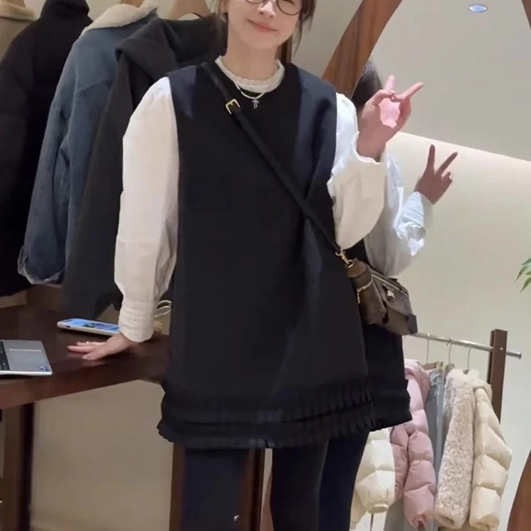 韩系小香风泡泡袖长袖衬衫套装2025春新款无袖背心连衣裙两件套女