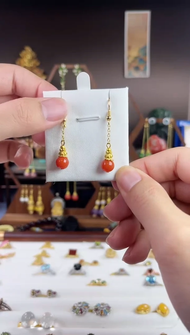 银S925镀金镶嵌南红玛瑙耳饰，822A-4子时归系列-南红耳钩