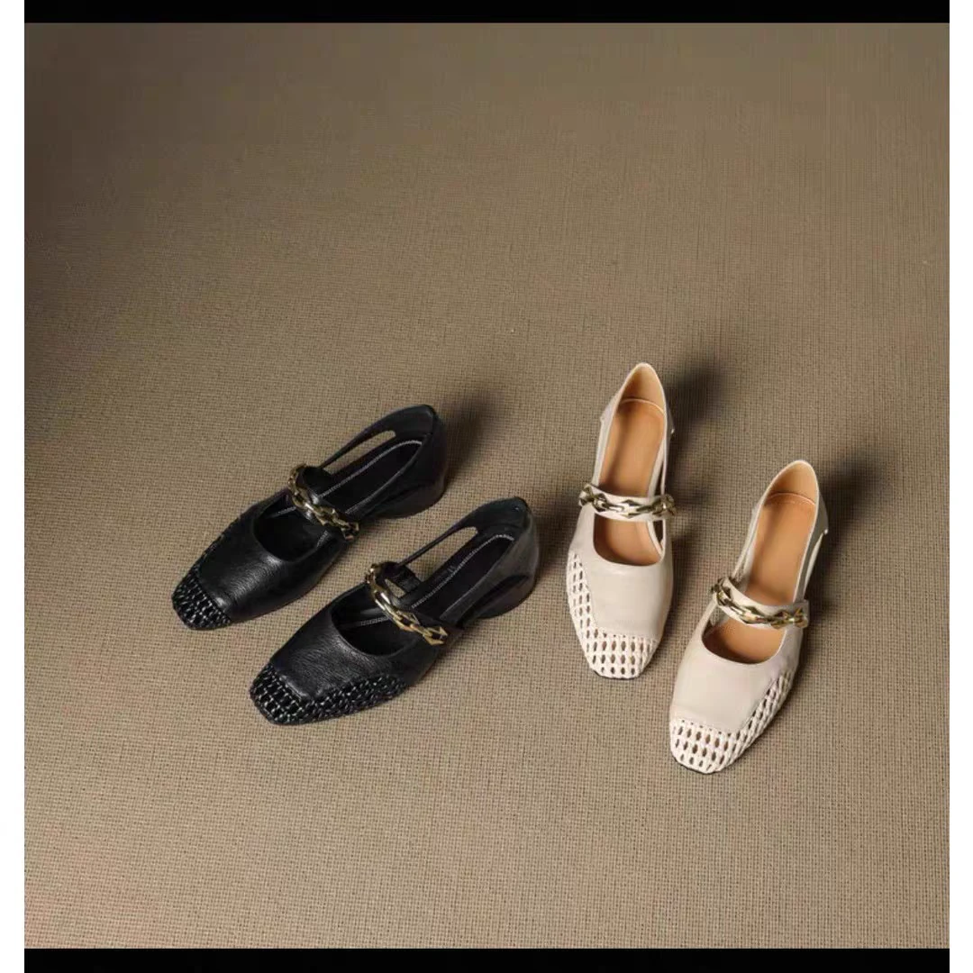 【朵苮品牌】2025夏季新款包头真皮法式复古单鞋浅口编织镂空鞋5892