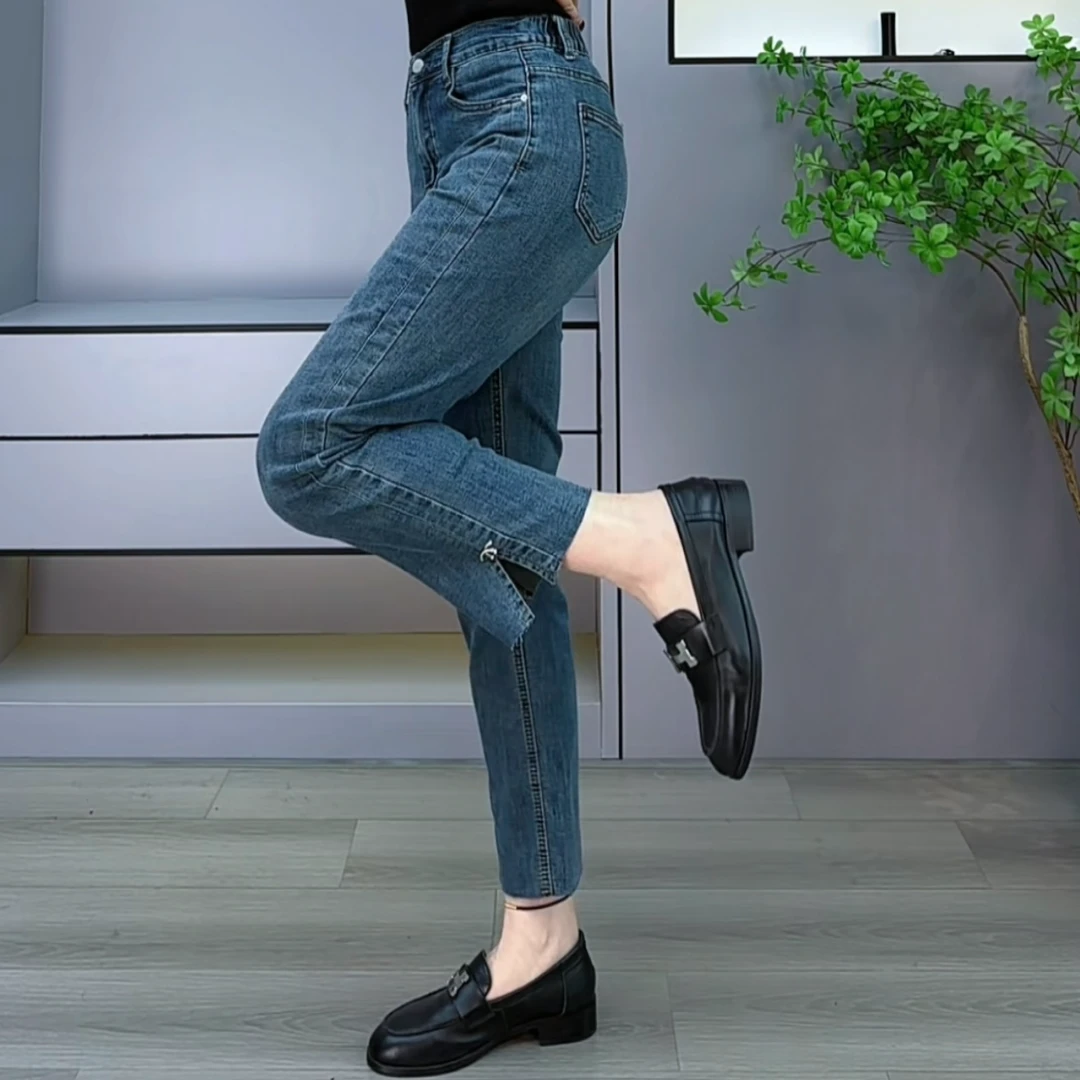 直筒裤高腰女烟管裤微弹力九分裤秋季爆款牛仔裤裤脚开叉中高腰